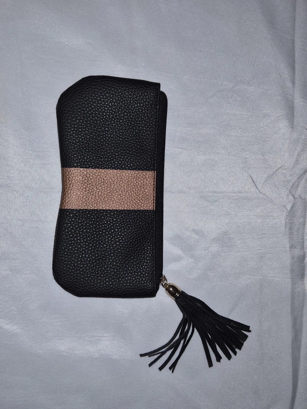 Black Pebbled Leather Tassel Cosmetic Pouch
